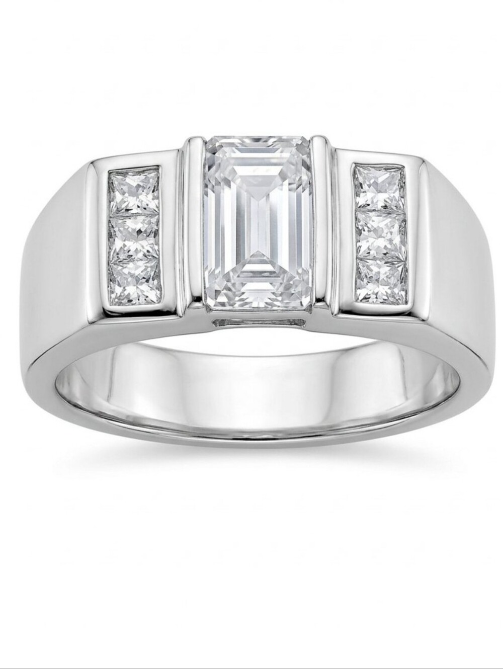 Sterling Silver Emerald-Cut CZ Ring With Side Accents - Size 8